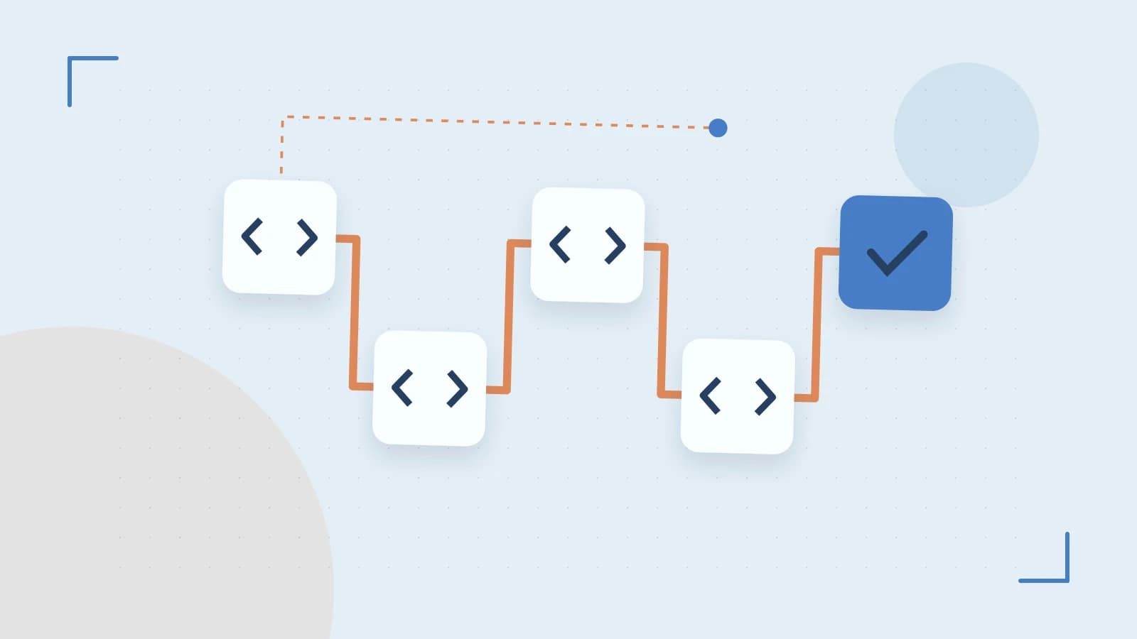 Editorial illustration of a branching build pipeline, staged transformations and a completed check