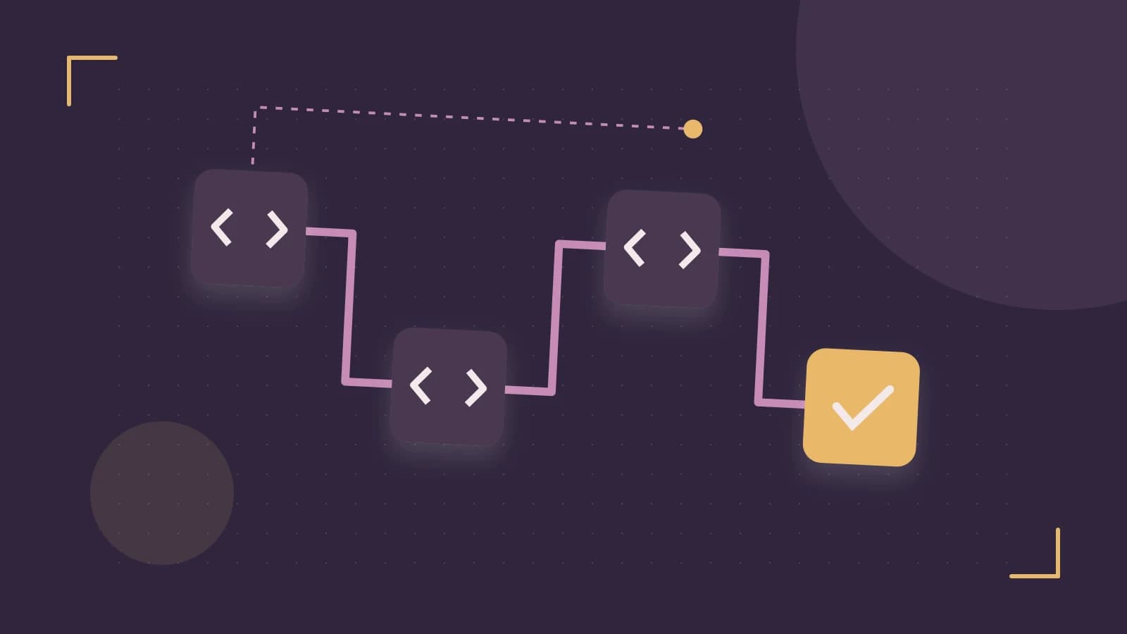Editorial illustration of a branching build pipeline, staged transformations and a completed check