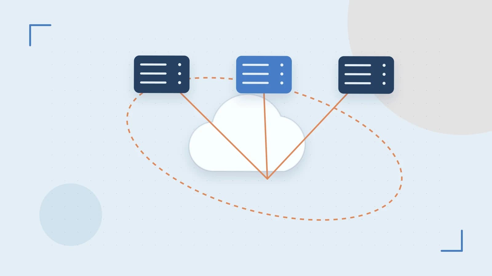Editorial illustration of cloud infrastructure, connected server racks and an orbital service map