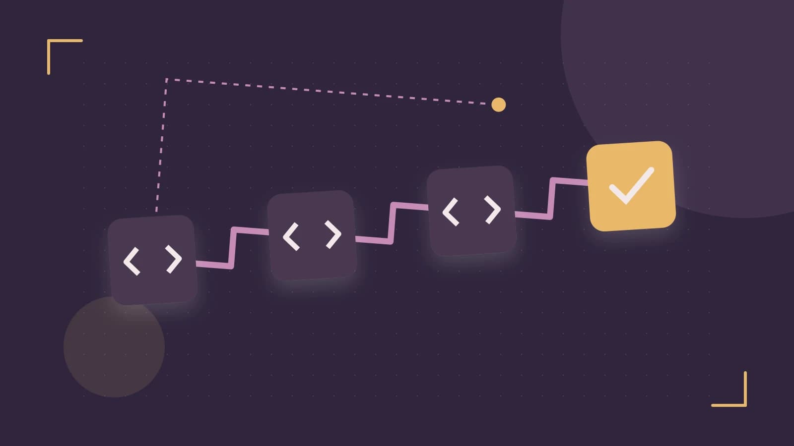 Editorial illustration of a branching build pipeline, staged transformations and a completed check