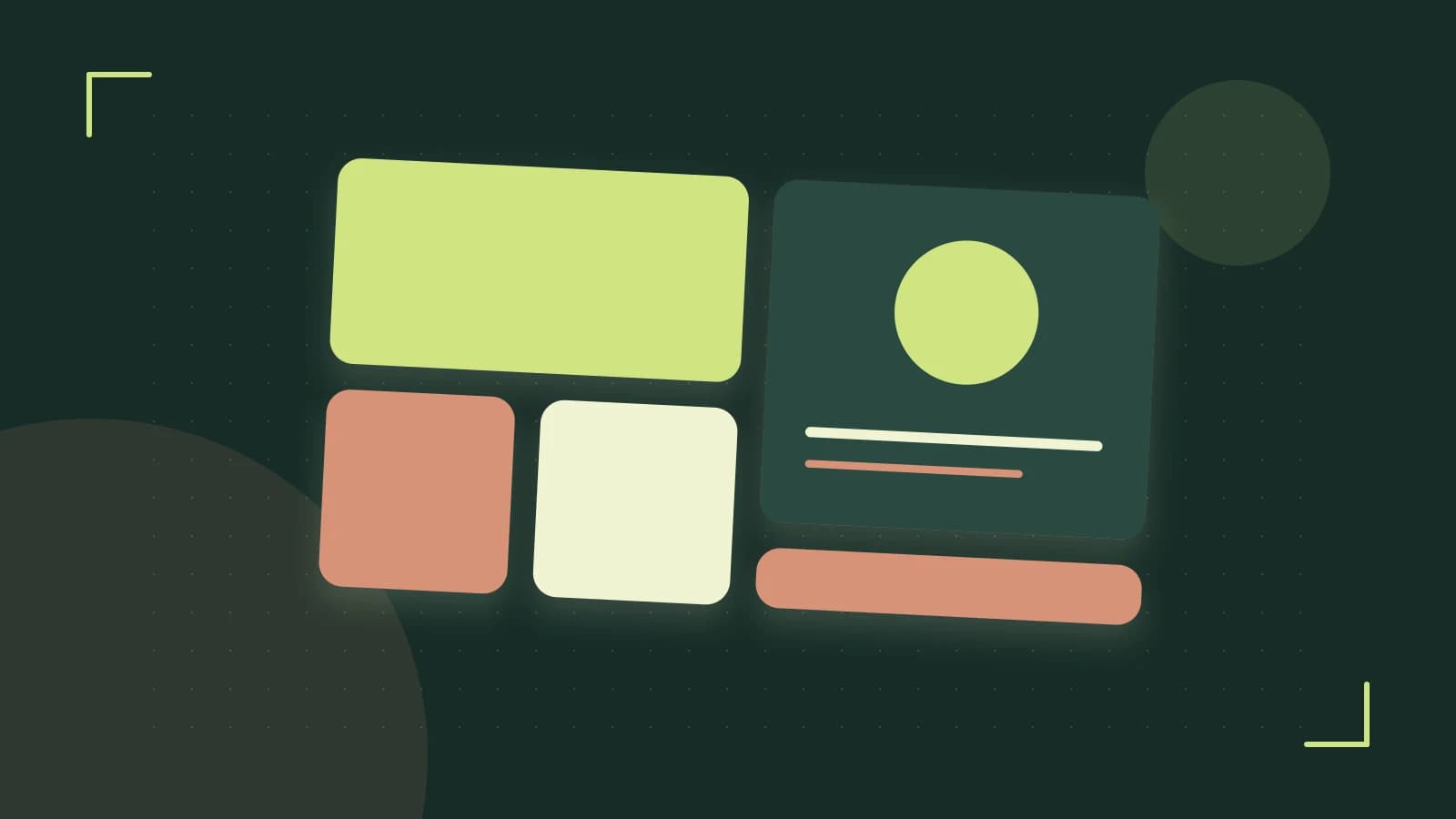 Editorial illustration of responsive browser layouts, overlapping design components and a color system