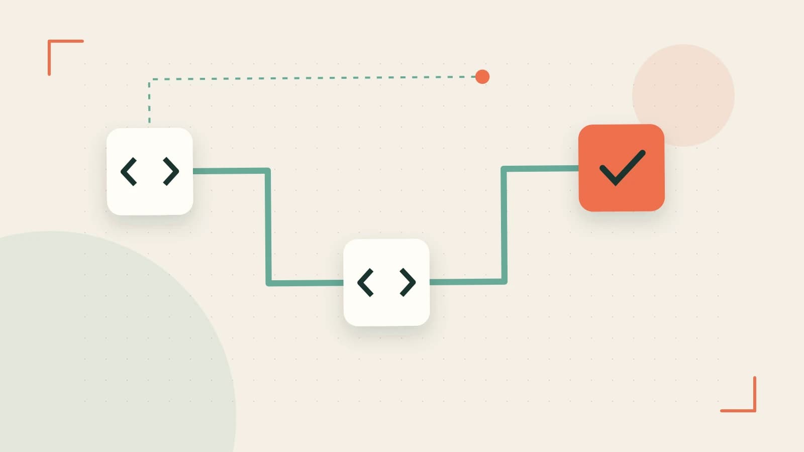 Editorial illustration of a branching build pipeline, staged transformations and a completed check