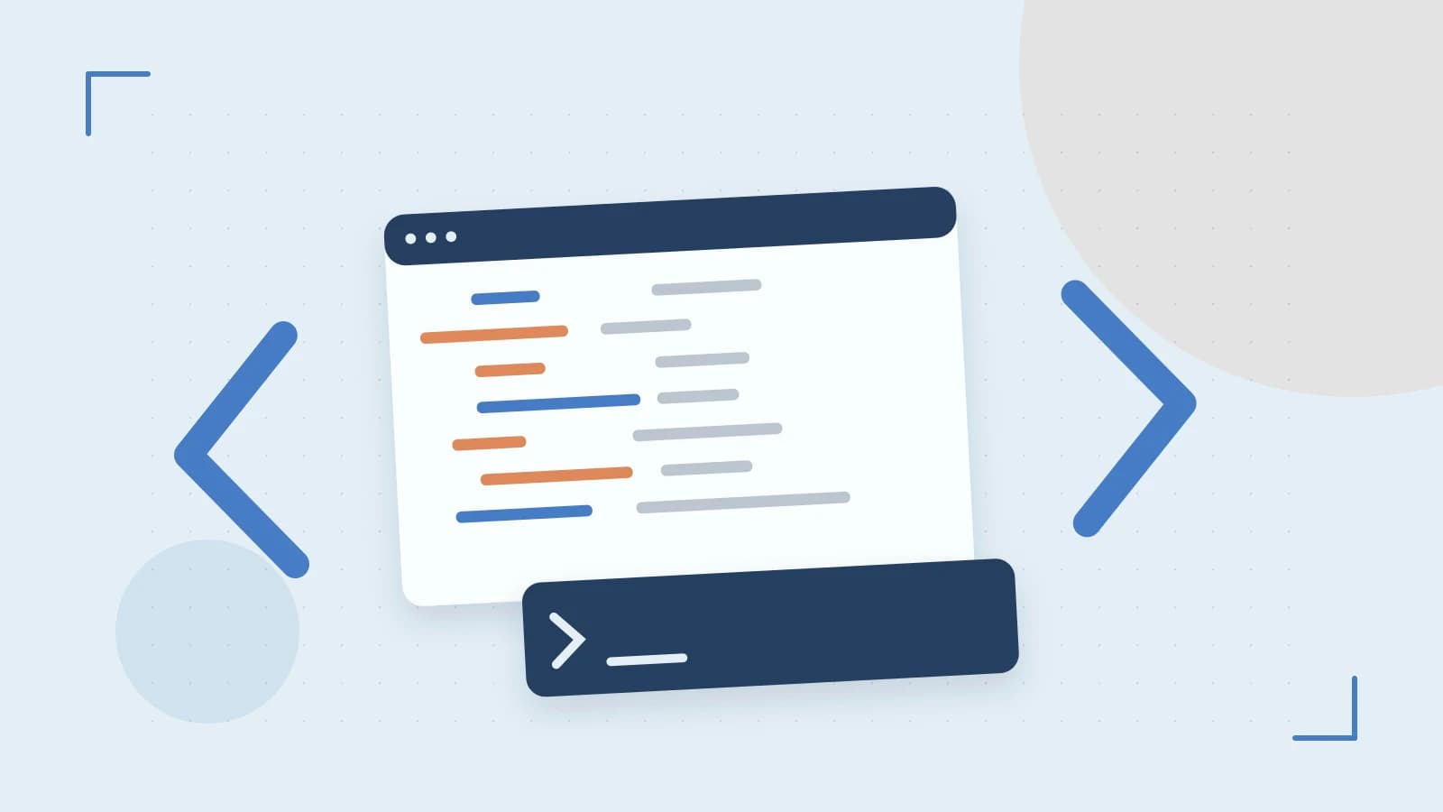 Editorial illustration of an abstract code editor, syntax blocks and oversized programming brackets