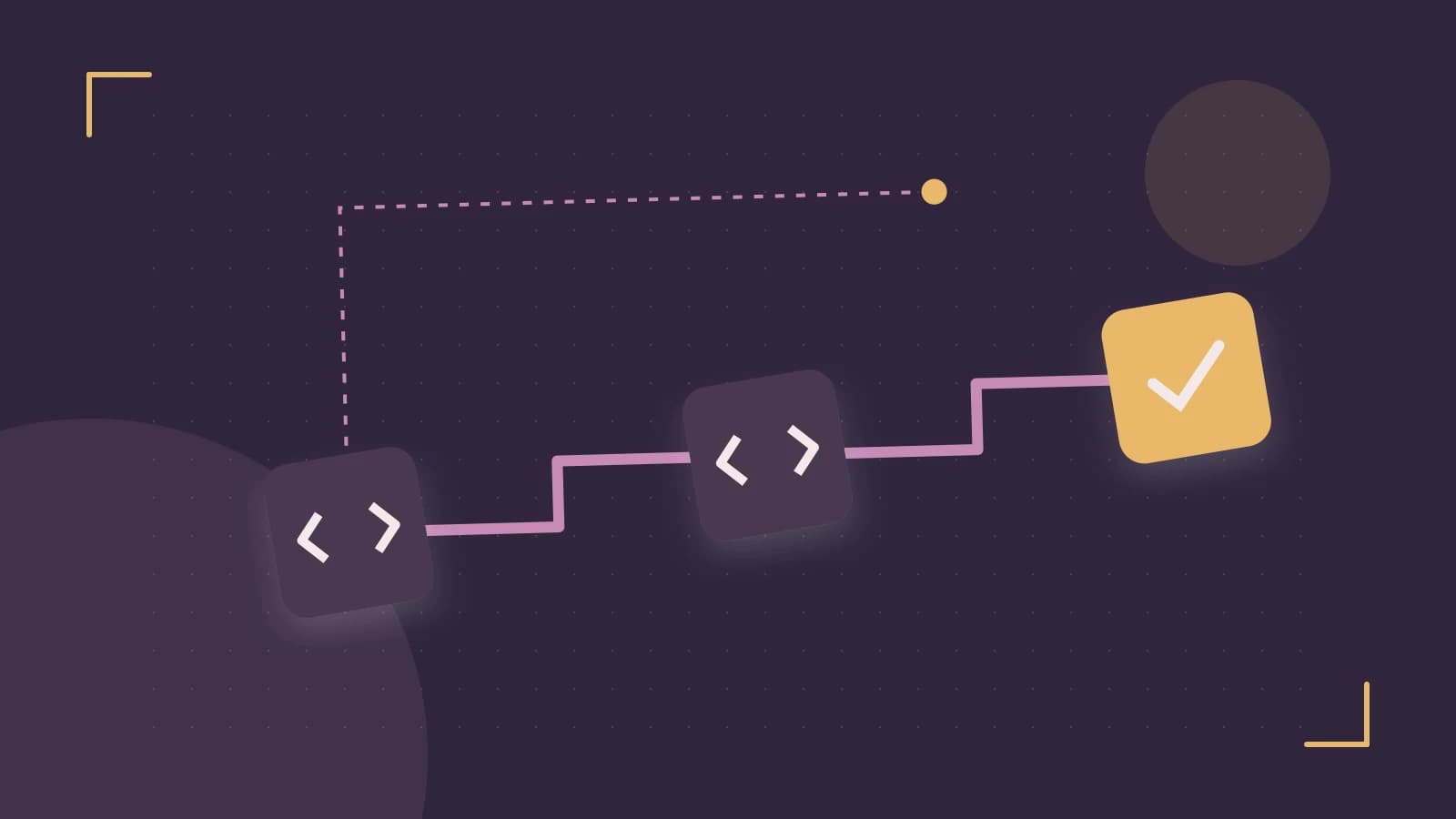 Editorial illustration of a branching build pipeline, staged transformations and a completed check