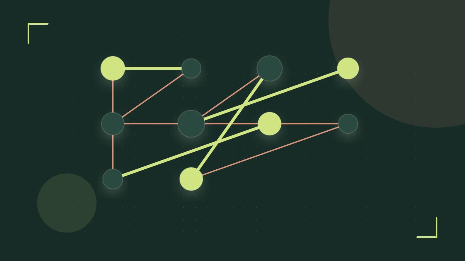 Editorial illustration of an algorithmic node graph with branching paths and a highlighted result