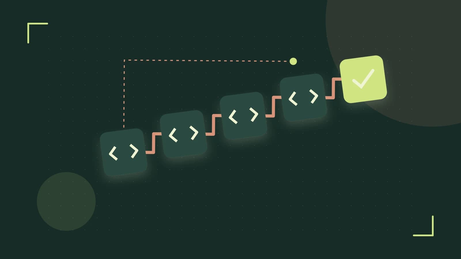 Editorial illustration of a branching build pipeline, staged transformations and a completed check