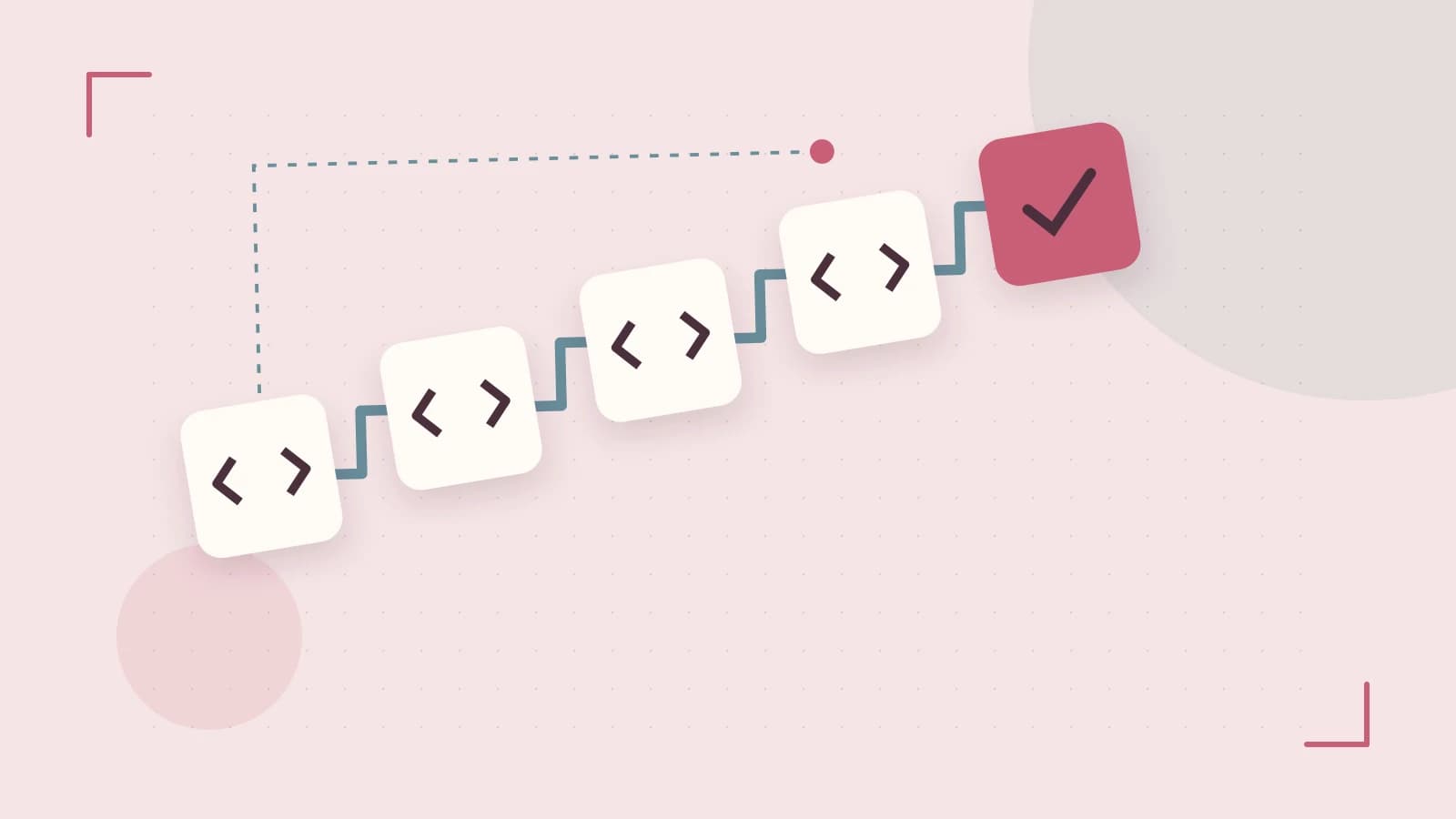 Editorial illustration of a branching build pipeline, staged transformations and a completed check