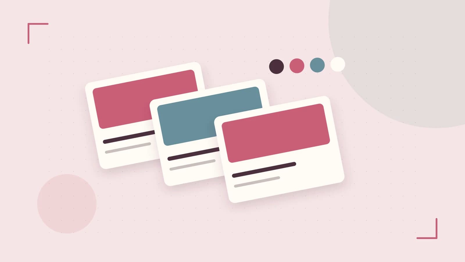 Editorial illustration of responsive browser layouts, overlapping design components and a color system