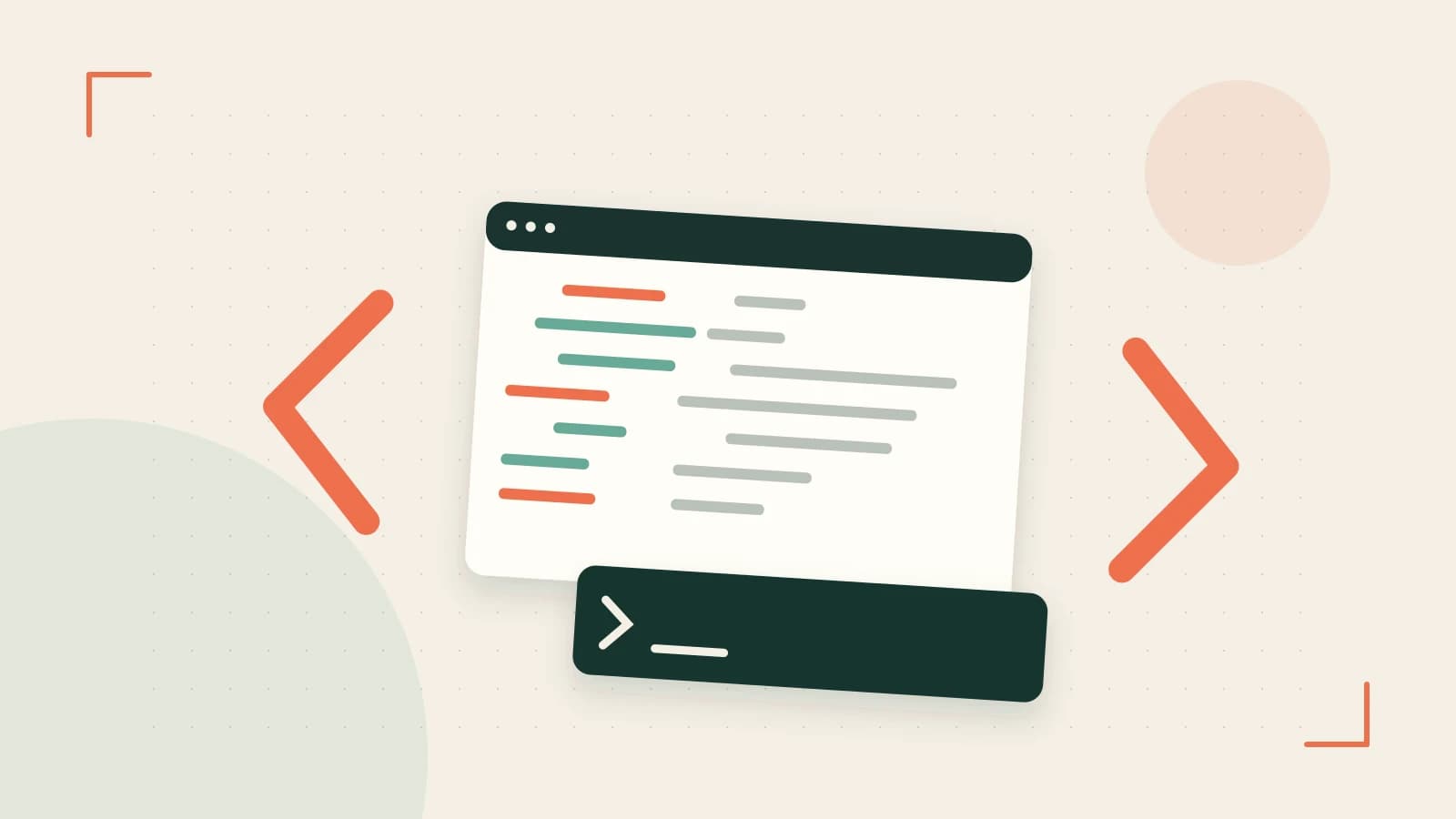 Editorial illustration of an abstract code editor, syntax blocks and oversized programming brackets