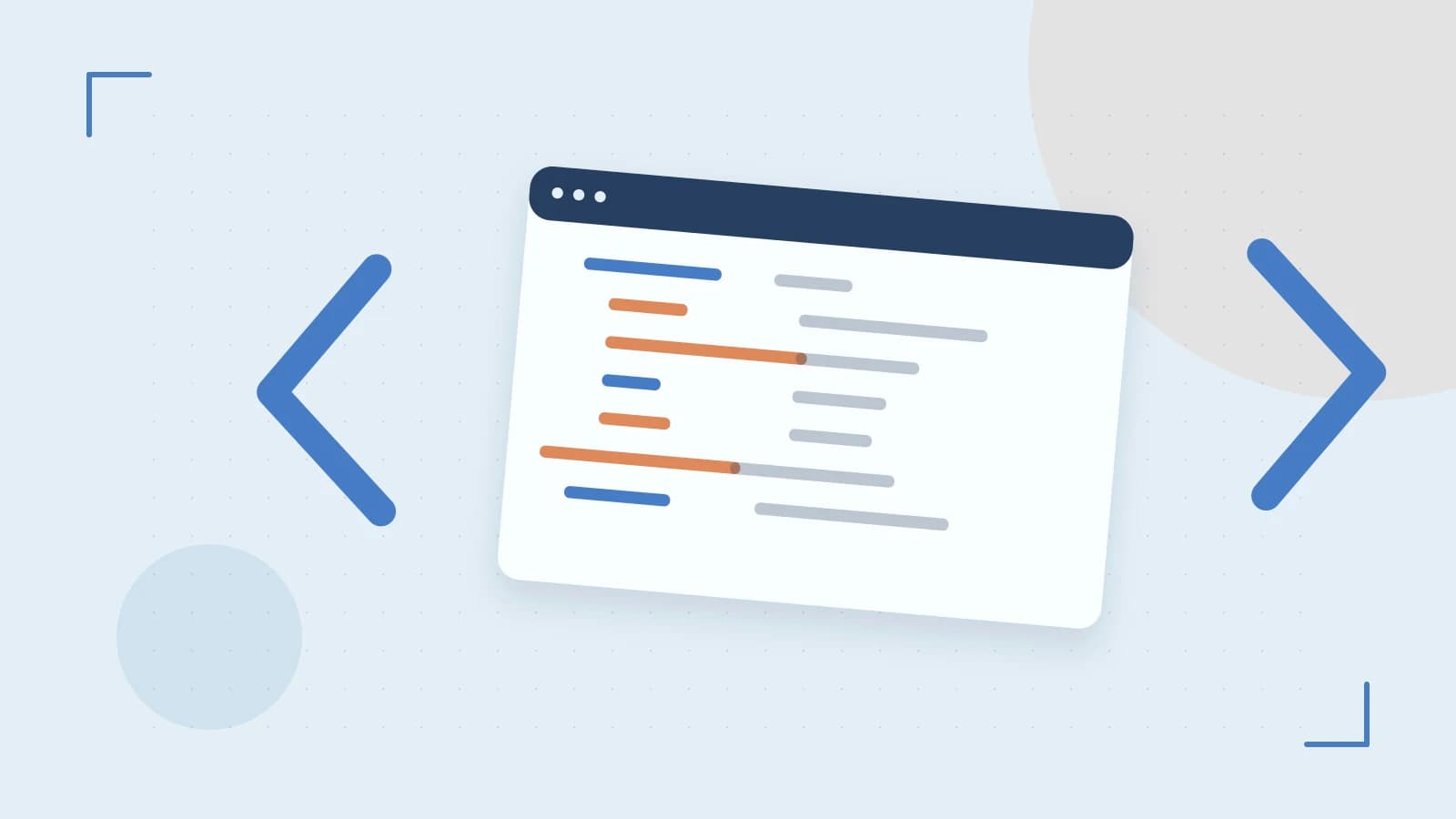 Editorial illustration of an abstract code editor, syntax blocks and oversized programming brackets