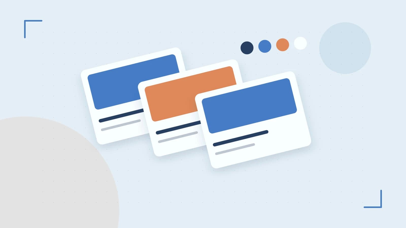 Editorial illustration of responsive browser layouts, overlapping design components and a color system