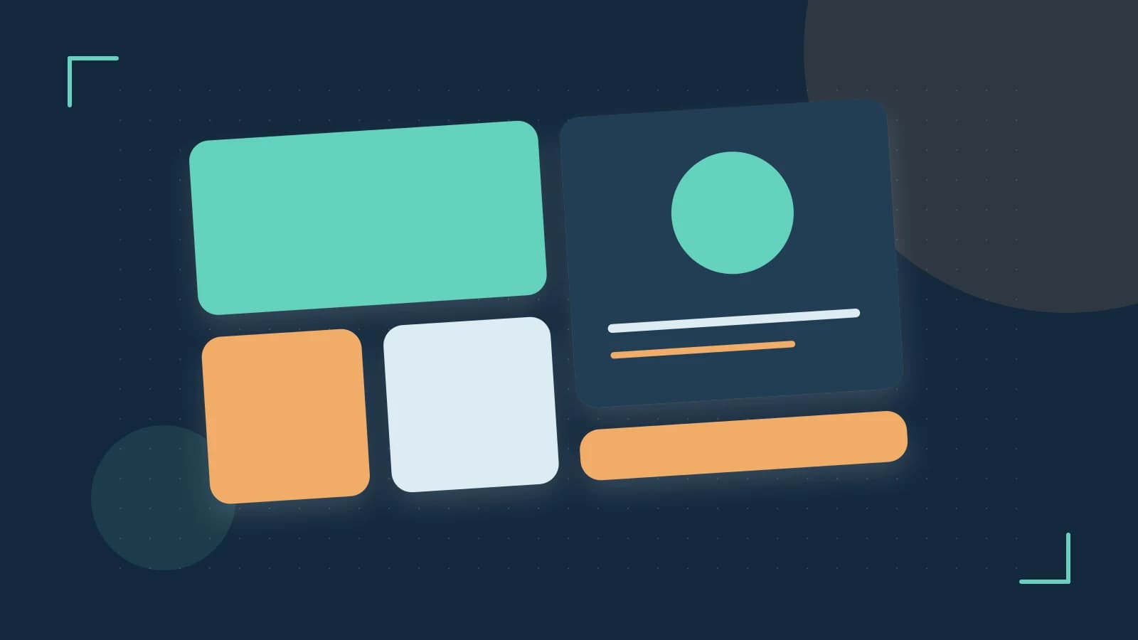 Editorial illustration of responsive browser layouts, overlapping design components and a color system