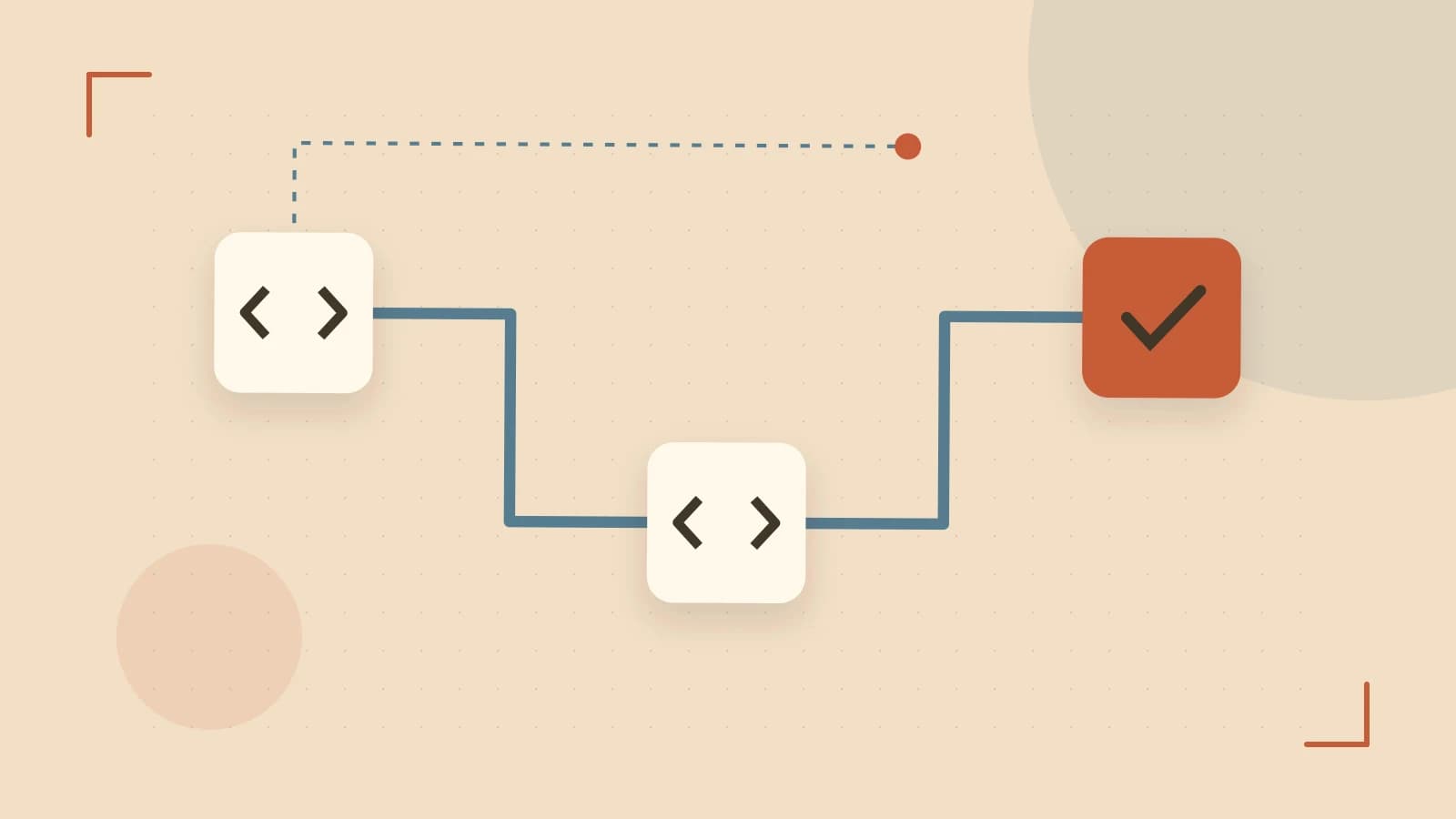 Editorial illustration of a branching build pipeline, staged transformations and a completed check