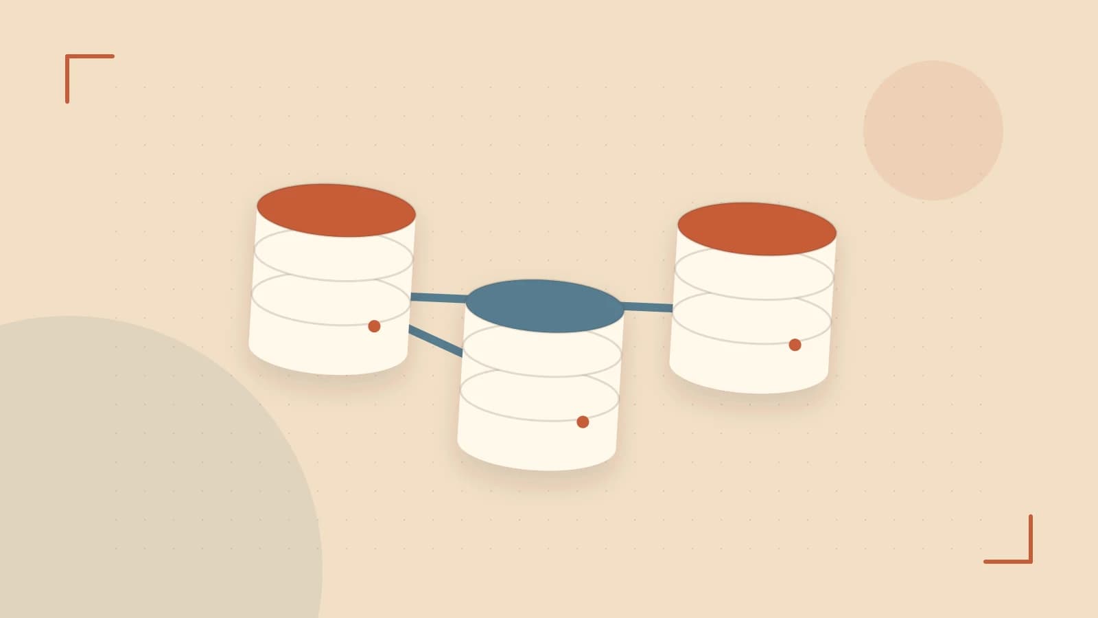 Editorial illustration of structured records, database cylinders and relationships between tables
