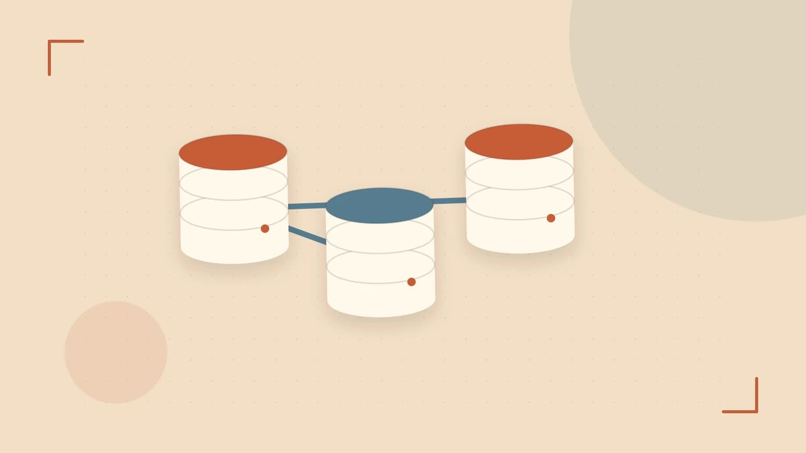 Editorial illustration of structured records, database cylinders and relationships between tables