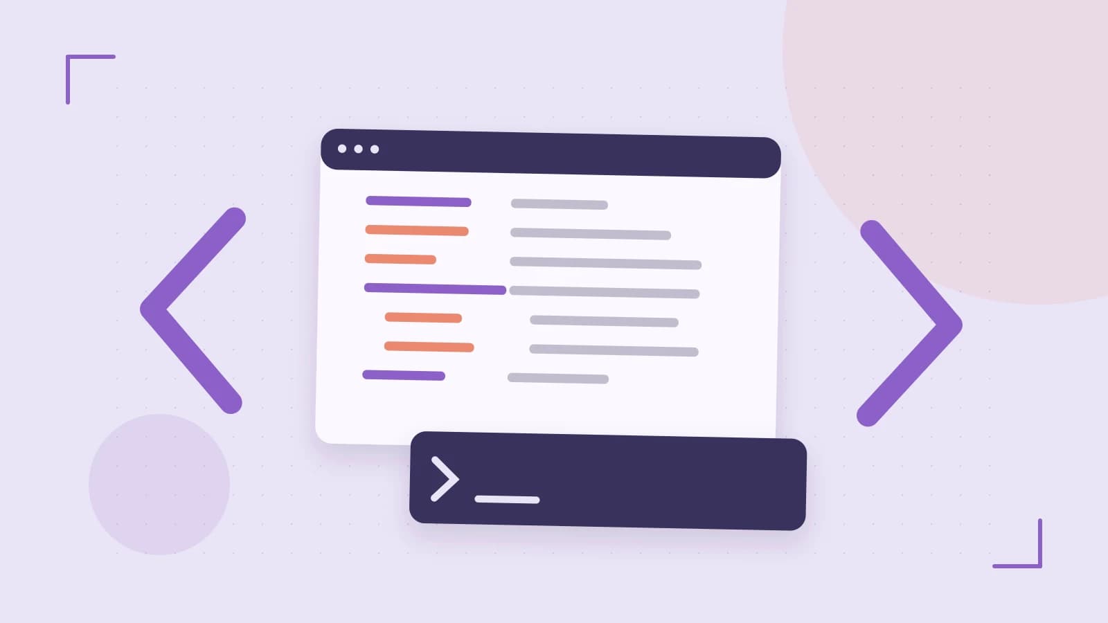 Editorial illustration of an abstract code editor, syntax blocks and oversized programming brackets
