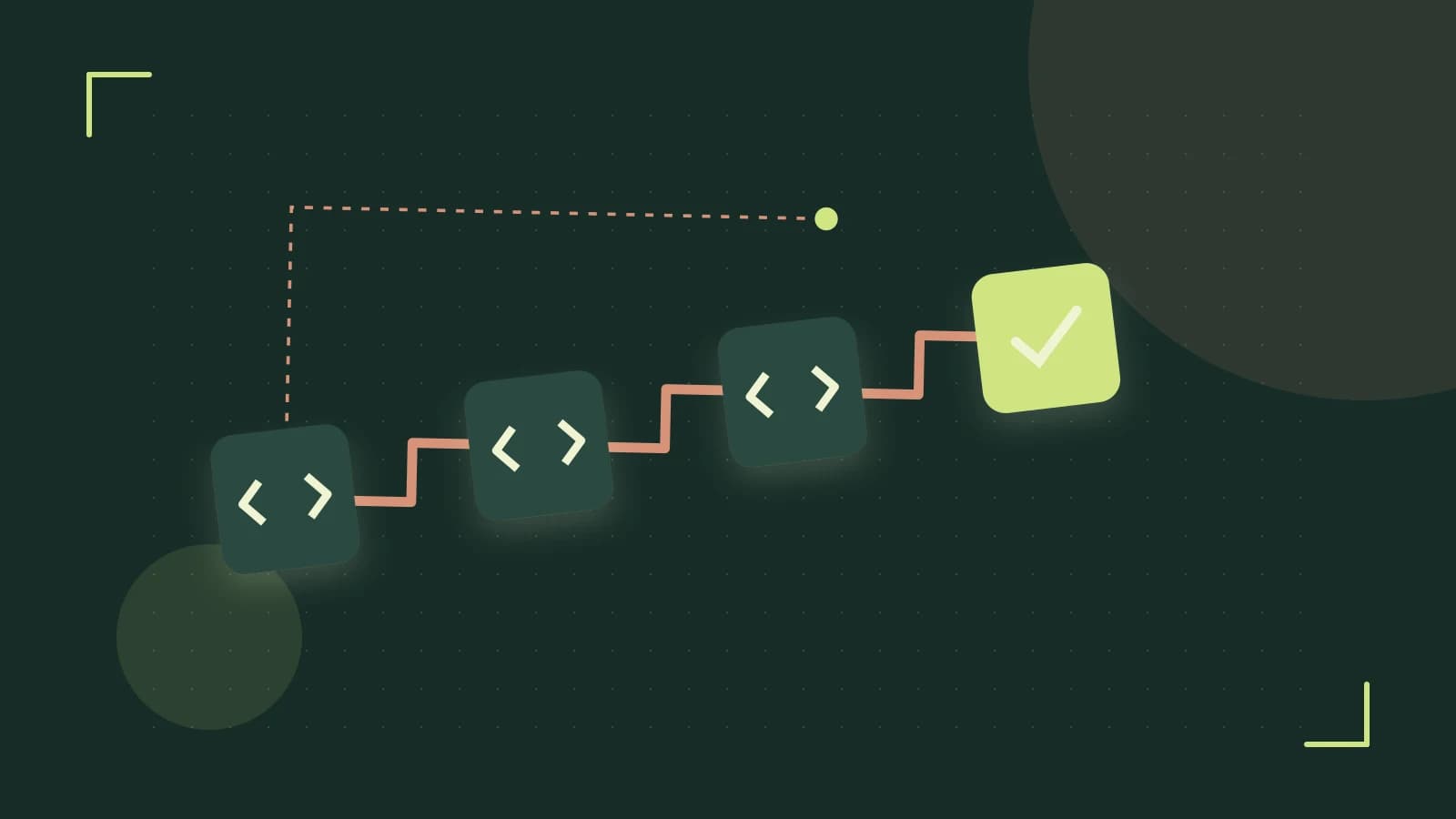 Editorial illustration of a branching build pipeline, staged transformations and a completed check