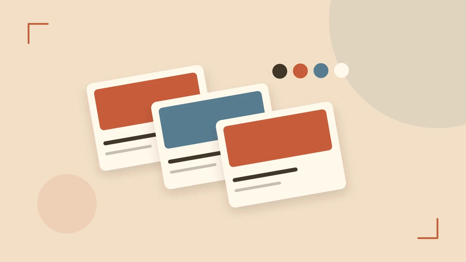 Editorial illustration of responsive browser layouts, overlapping design components and a color system