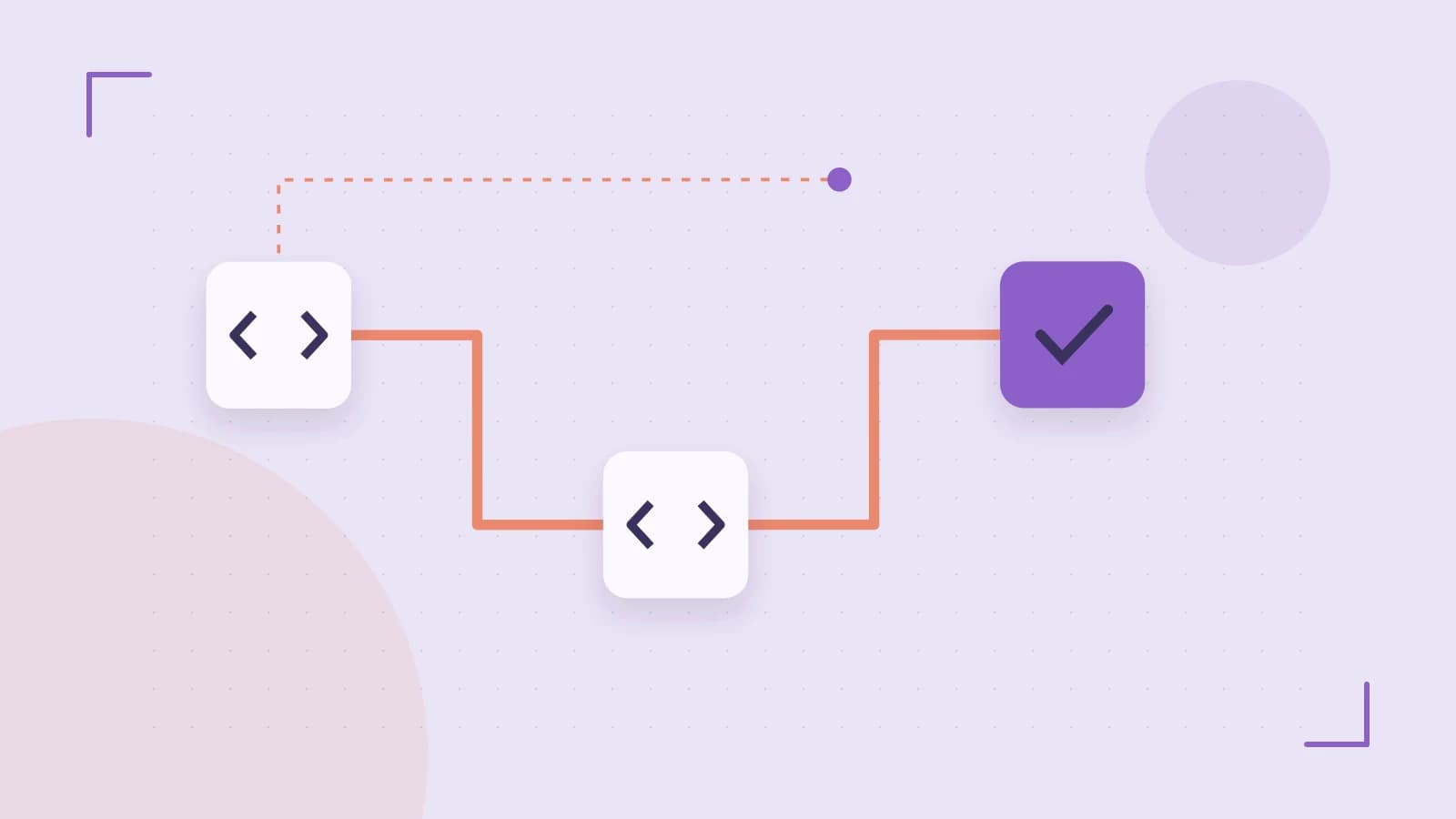 Editorial illustration of a branching build pipeline, staged transformations and a completed check