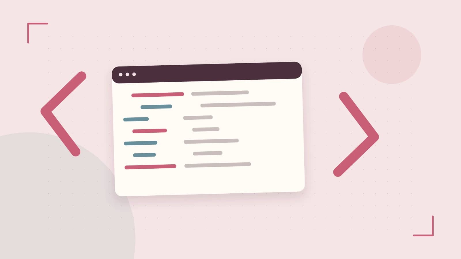 Editorial illustration of an abstract code editor, syntax blocks and oversized programming brackets