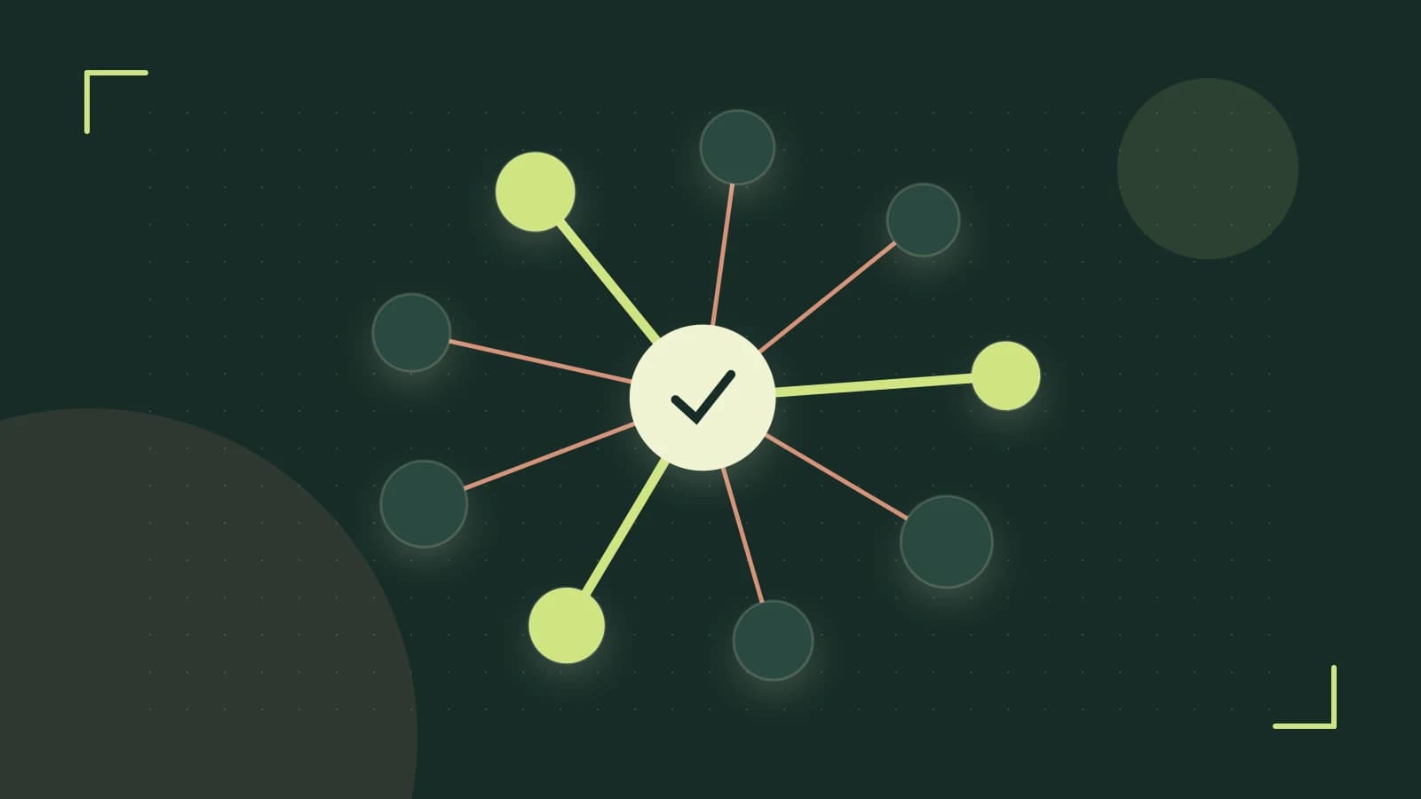 Editorial illustration of an algorithmic node graph with branching paths and a highlighted result