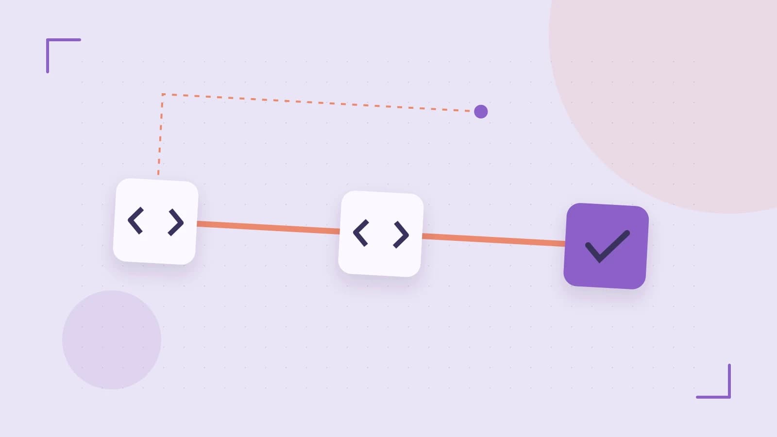 Editorial illustration of a branching build pipeline, staged transformations and a completed check
