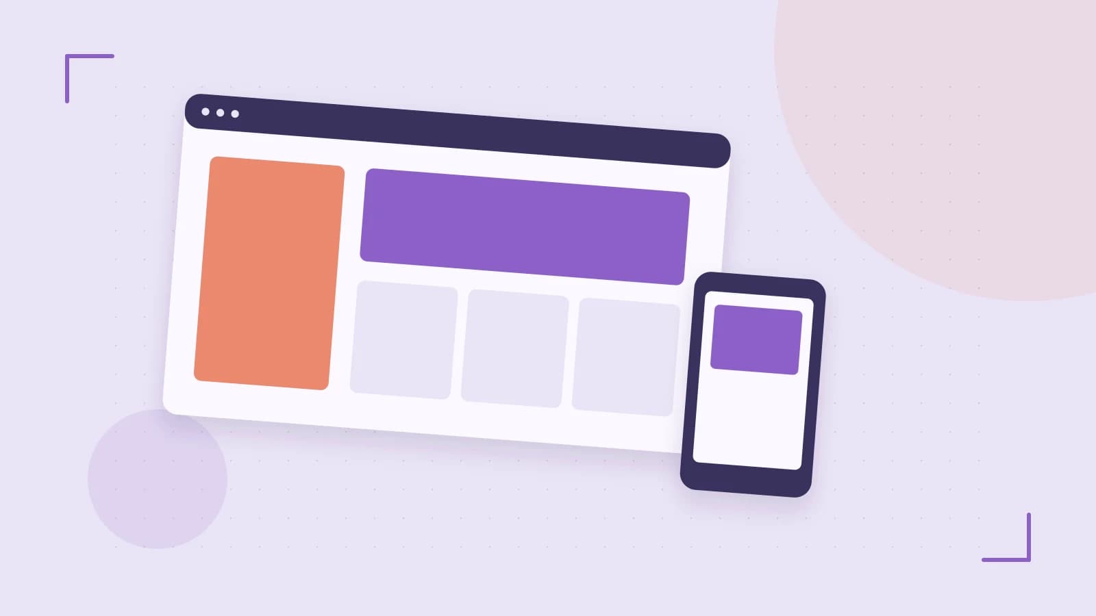 Editorial illustration of responsive browser layouts, overlapping design components and a color system