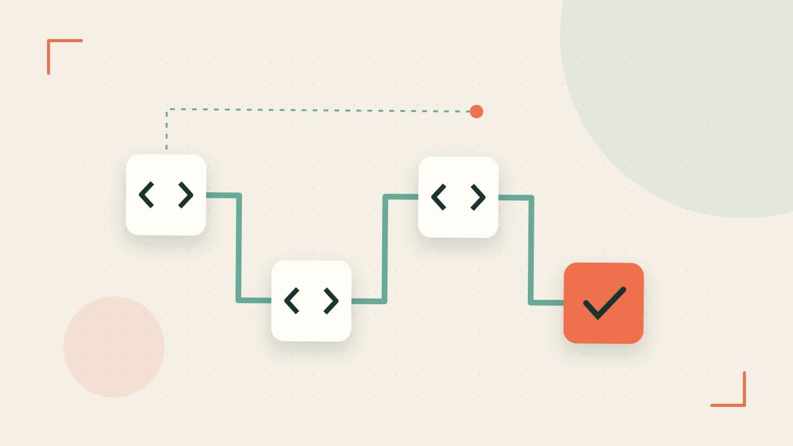 Editorial illustration of a branching build pipeline, staged transformations and a completed check
