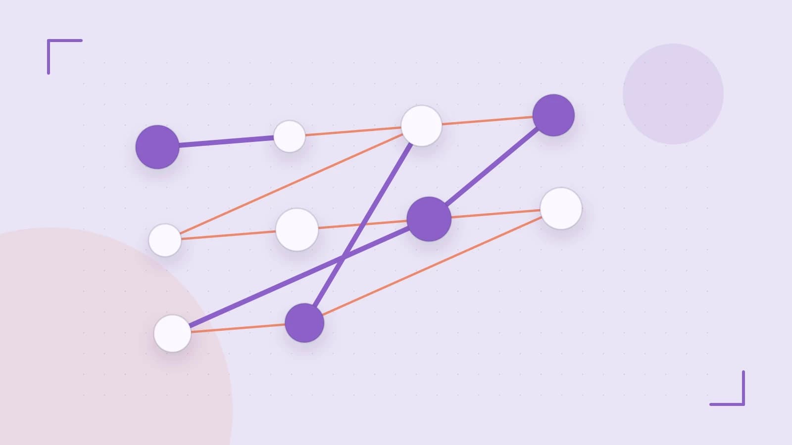 Editorial illustration of an algorithmic node graph with branching paths and a highlighted result