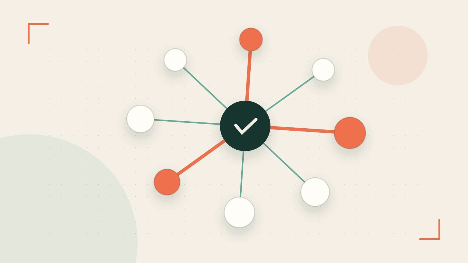 Editorial illustration of an algorithmic node graph with branching paths and a highlighted result