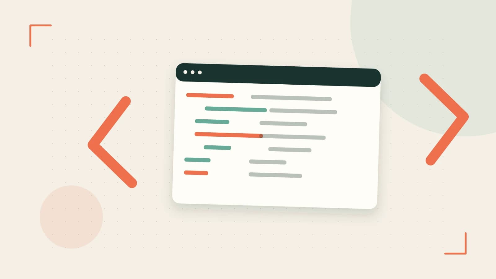 Editorial illustration of an abstract code editor, syntax blocks and oversized programming brackets