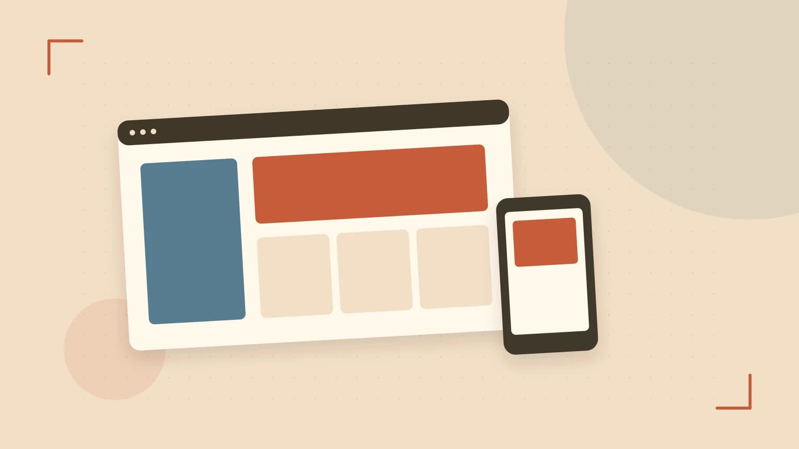Editorial illustration of responsive browser layouts, overlapping design components and a color system