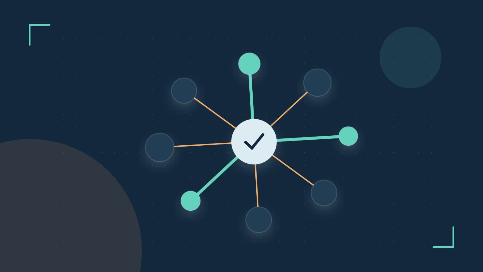 Editorial illustration of an algorithmic node graph with branching paths and a highlighted result