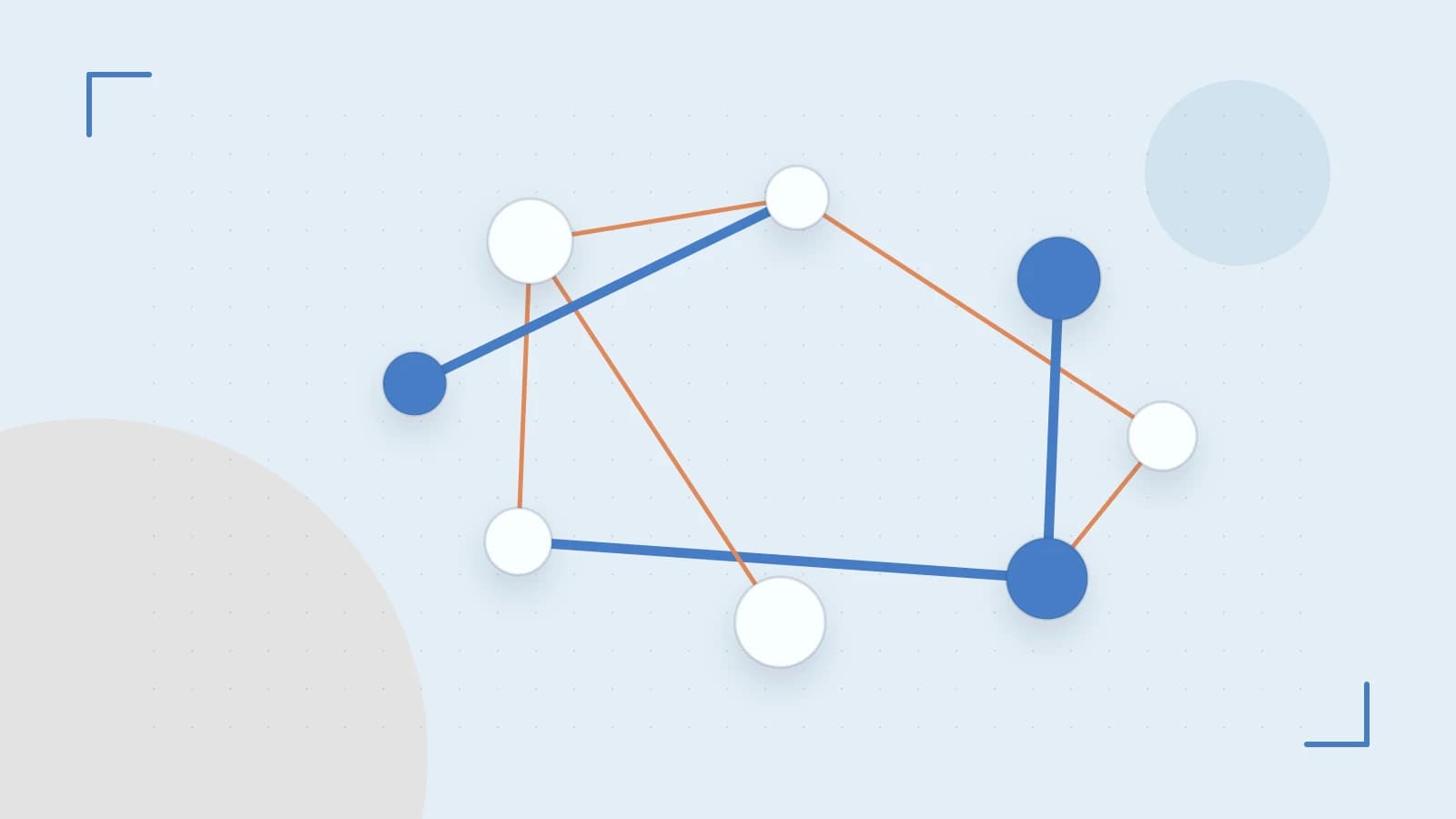 Editorial illustration of an algorithmic node graph with branching paths and a highlighted result
