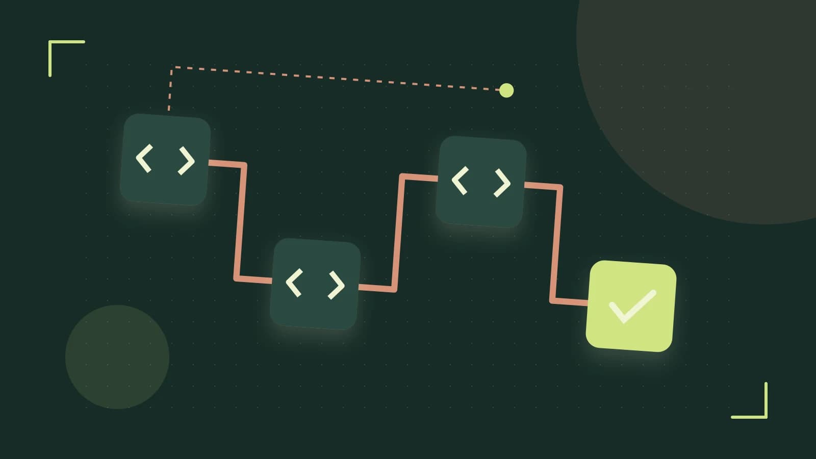 Editorial illustration of a branching build pipeline, staged transformations and a completed check