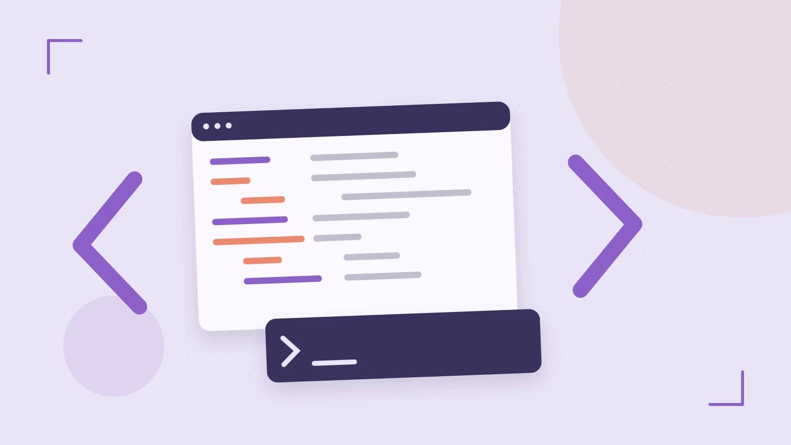 Editorial illustration of an abstract code editor, syntax blocks and oversized programming brackets