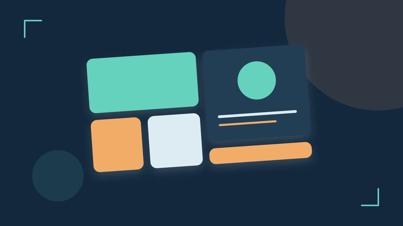 Editorial illustration of responsive browser layouts, overlapping design components and a color system