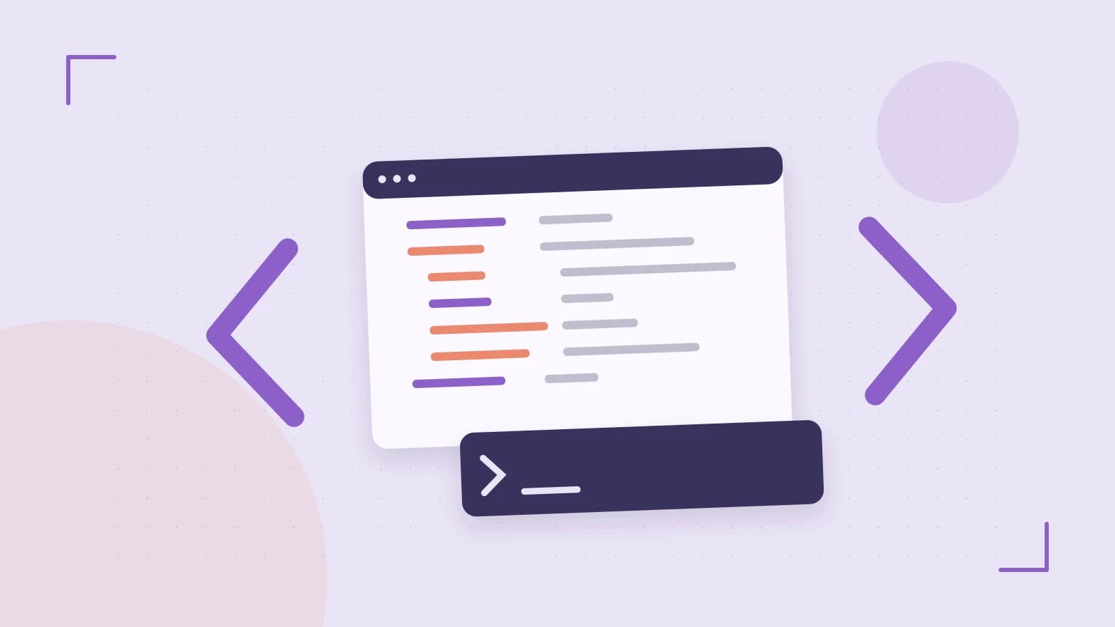 Editorial illustration of an abstract code editor, syntax blocks and oversized programming brackets