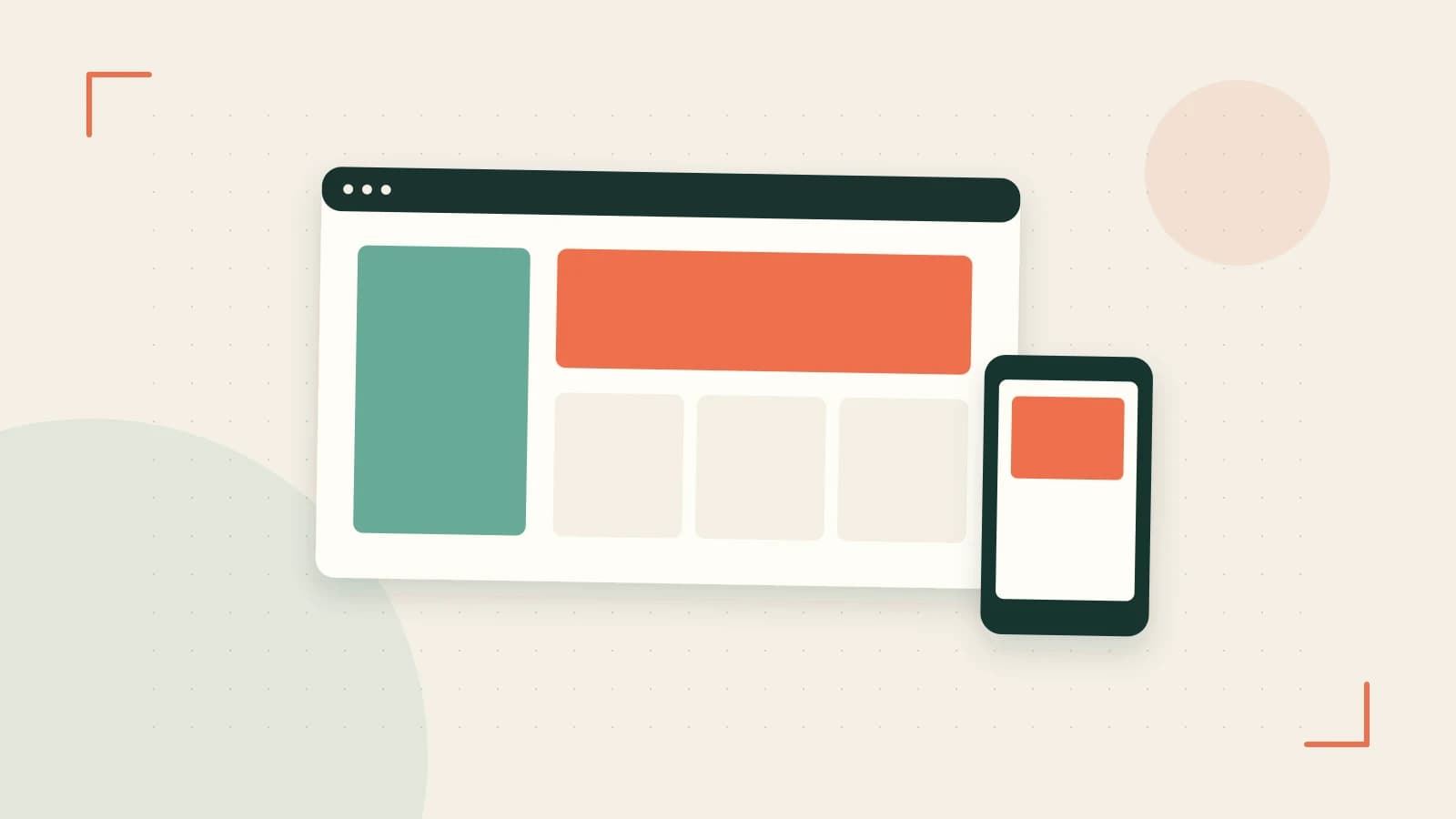 Editorial illustration of responsive browser layouts, overlapping design components and a color system