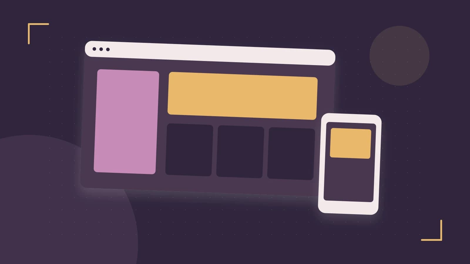 Editorial illustration of responsive browser layouts, overlapping design components and a color system