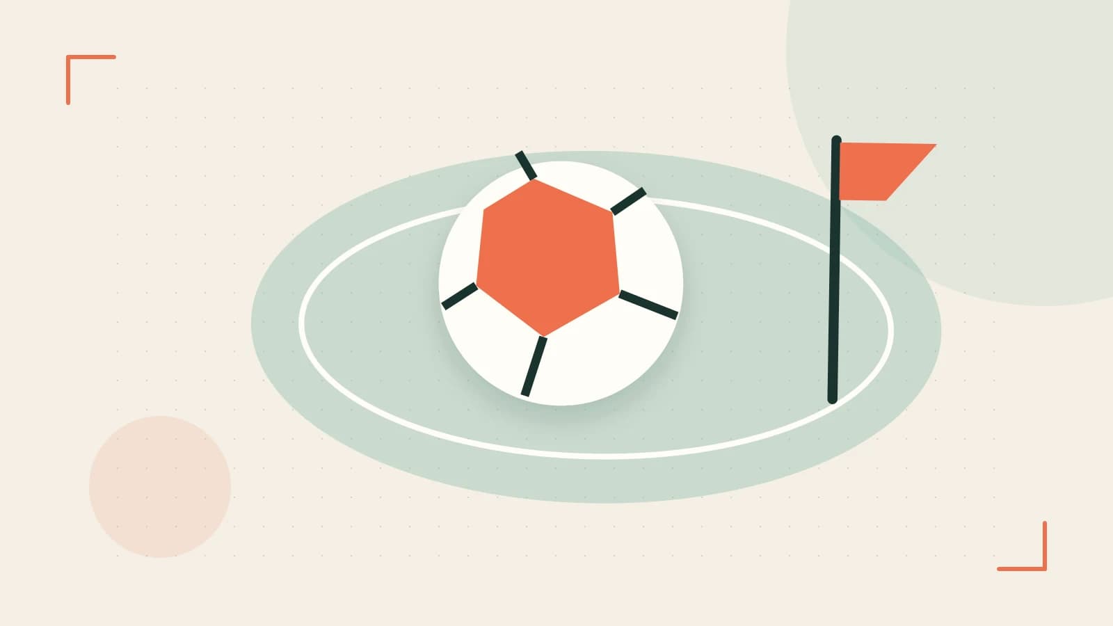 Editorial illustration of a stylized sports ball, stadium geometry and dynamic arcs