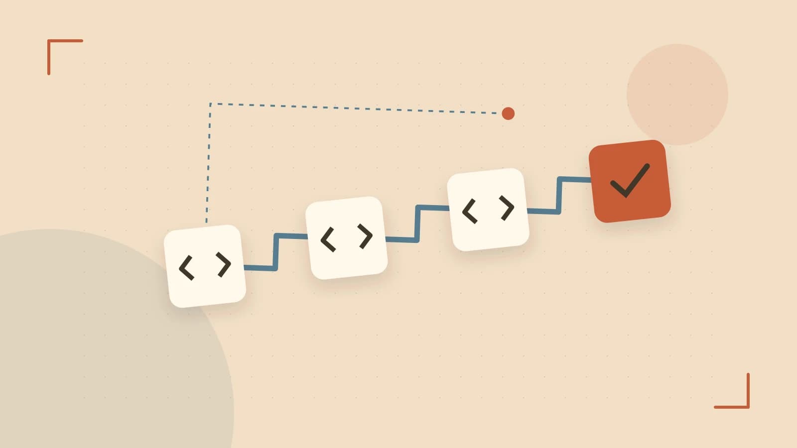 Editorial illustration of a branching build pipeline, staged transformations and a completed check