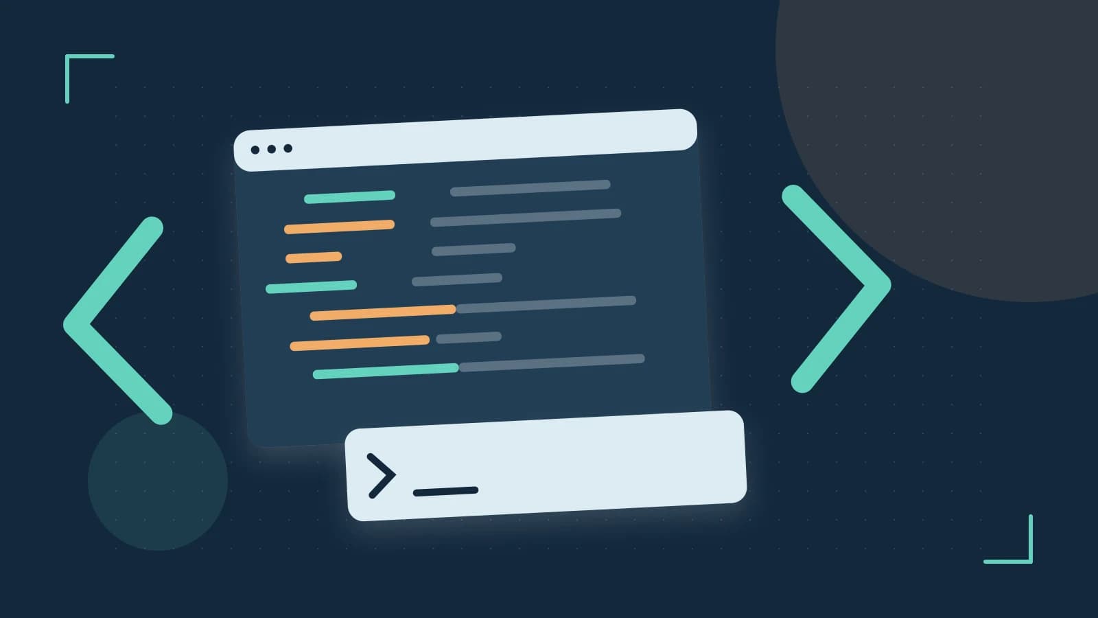 Editorial illustration of an abstract code editor, syntax blocks and oversized programming brackets