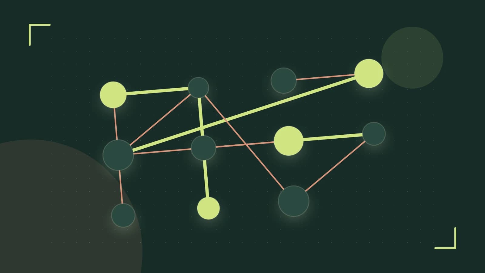 Editorial illustration of an algorithmic node graph with branching paths and a highlighted result