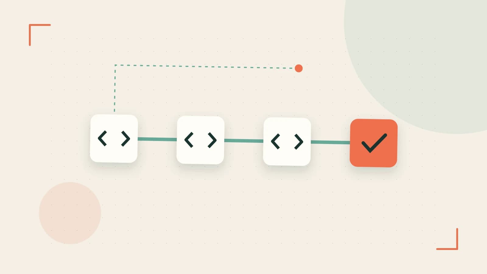 Editorial illustration of a branching build pipeline, staged transformations and a completed check