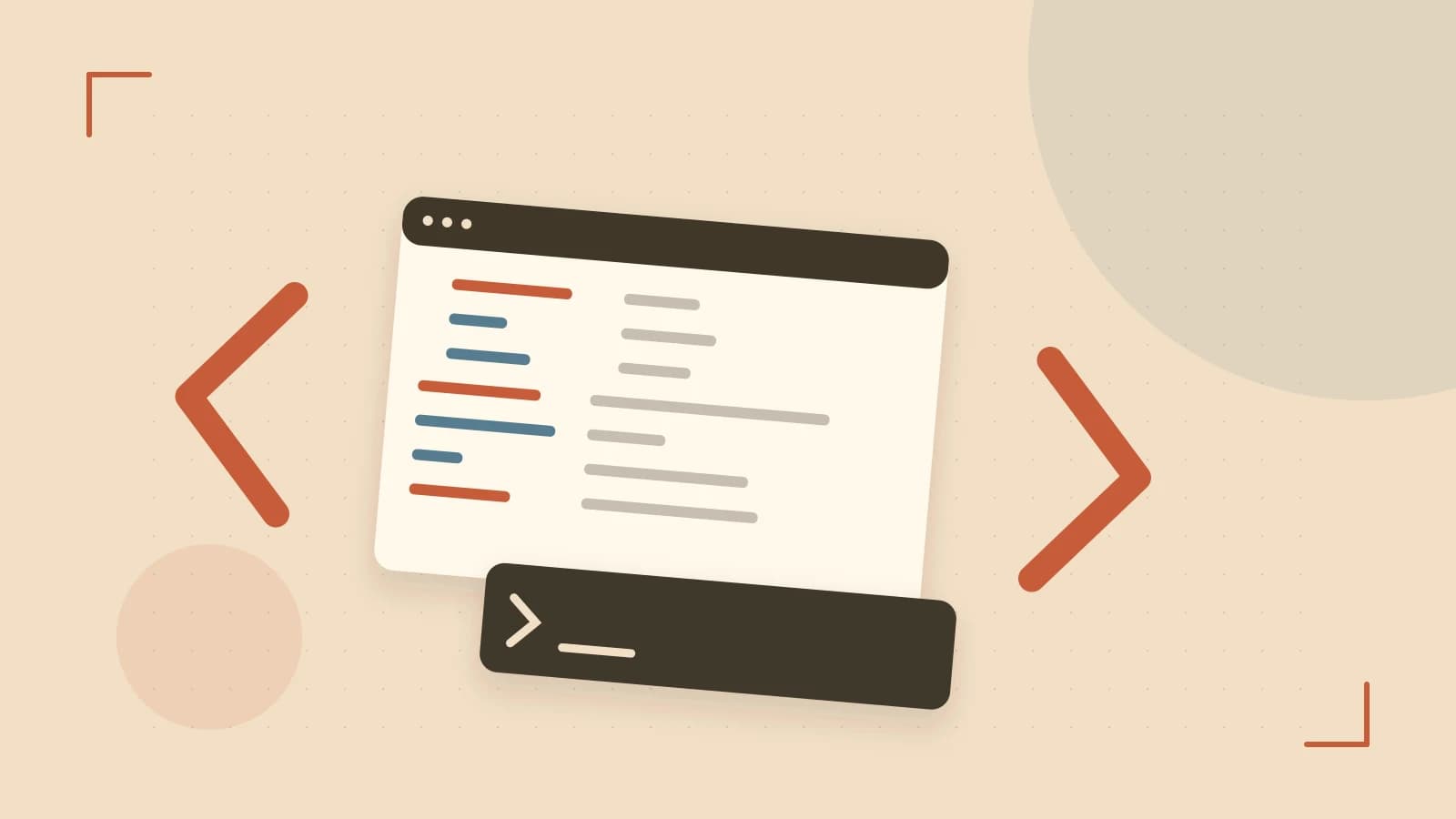 Editorial illustration of an abstract code editor, syntax blocks and oversized programming brackets