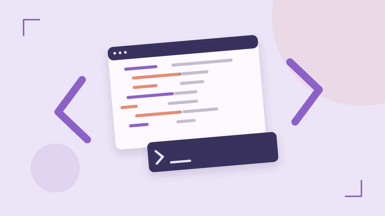 Editorial illustration of an abstract code editor, syntax blocks and oversized programming brackets