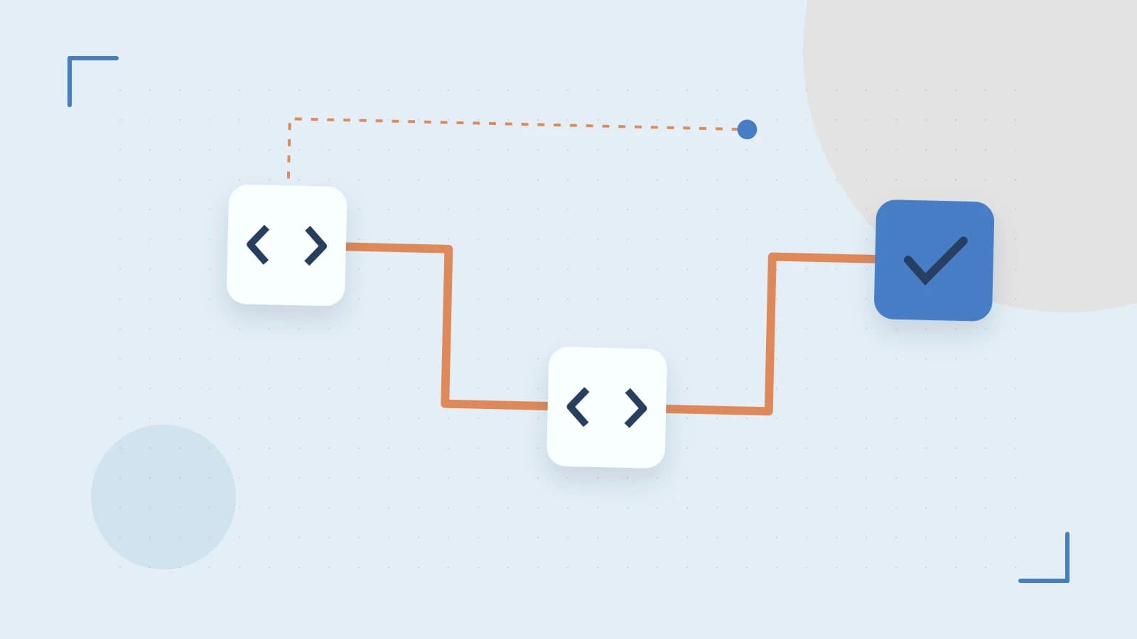 Editorial illustration of a branching build pipeline, staged transformations and a completed check