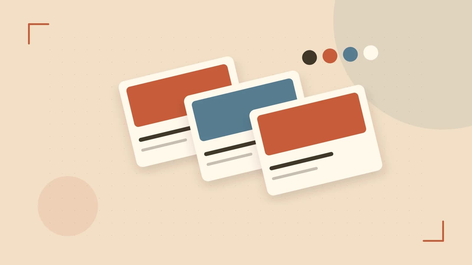 Editorial illustration of responsive browser layouts, overlapping design components and a color system