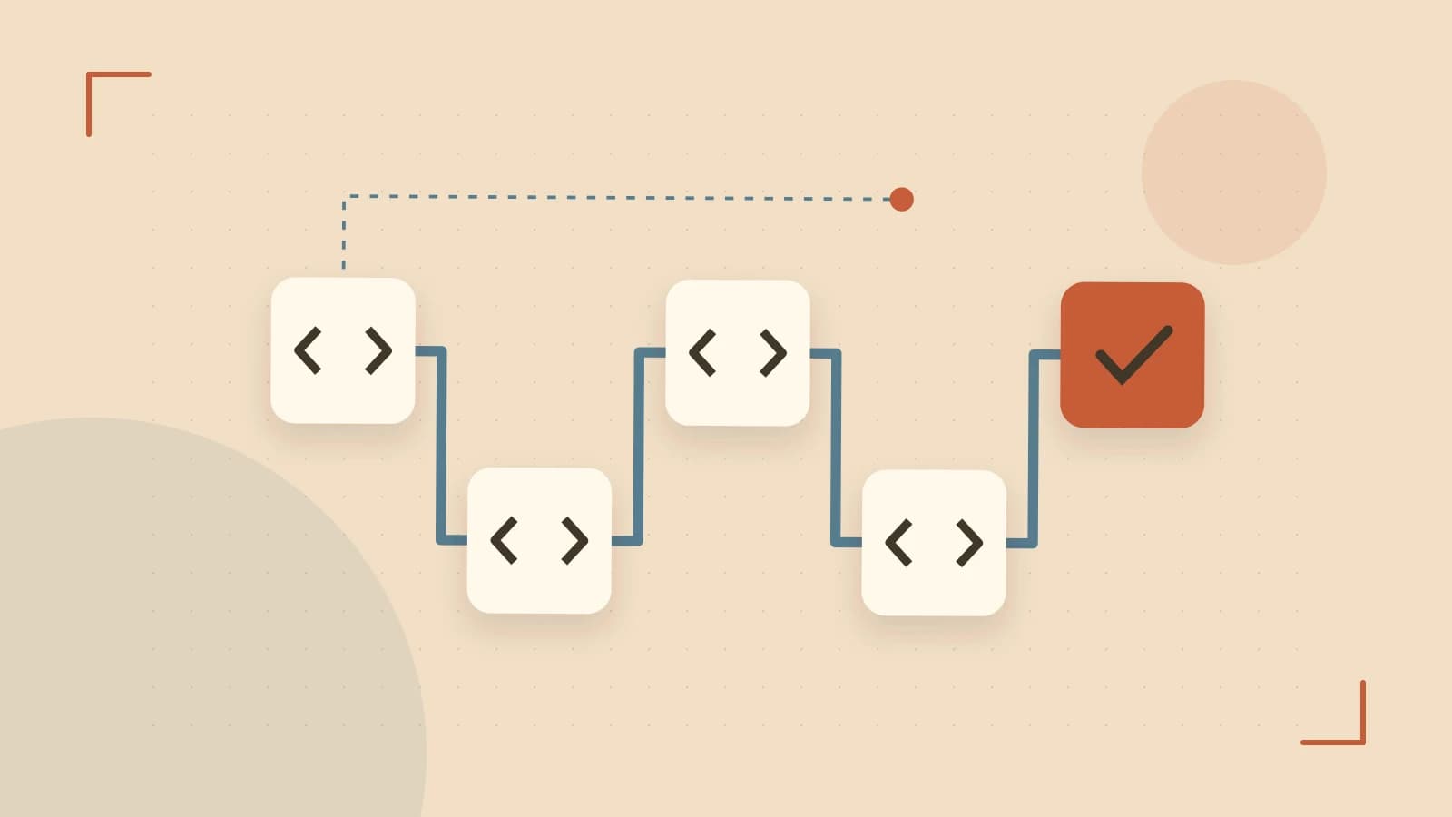 Editorial illustration of a branching build pipeline, staged transformations and a completed check